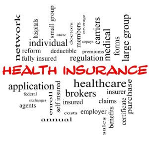 Health Insurance Word Cloud Concept in red caps